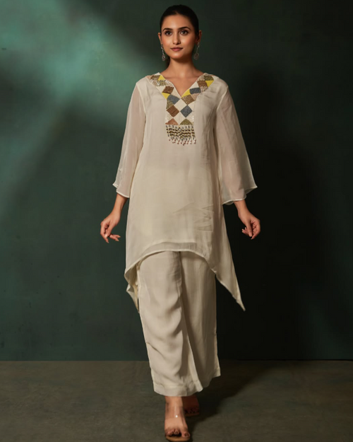 Assymetrical Off-White Kurta Co-ord Set with Straight Pants