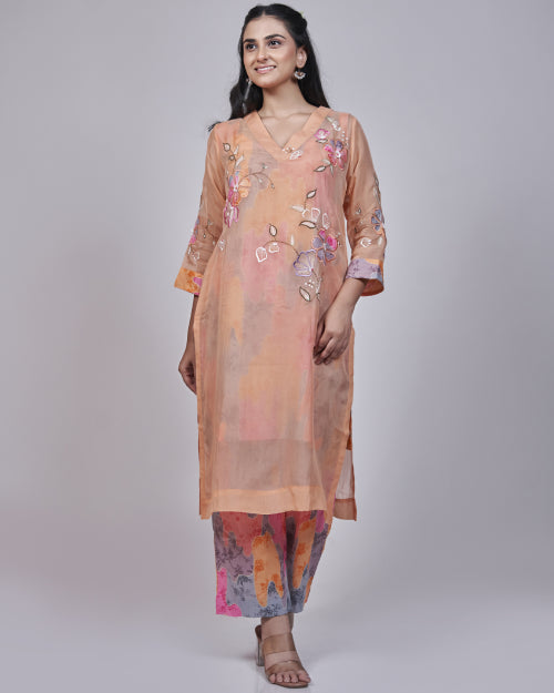 Peach Blossom Embroidered Organza Kurta Set
