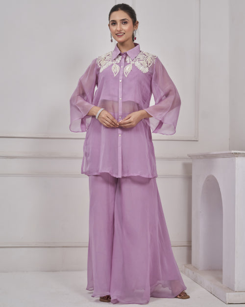 Lilac Bloom Embroidered Organza Co-Ord Set with Wide-Leg Palazzo Pants