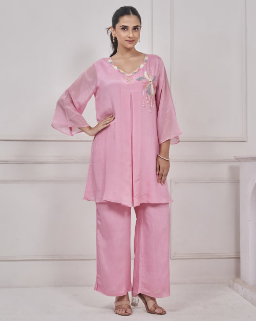 Blush Petal Embellished Organza Co-Ord Set with Wide-Leg Palazzo Pants