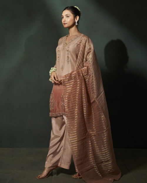 Rose Gold Aura Embellished Kurta Set With Wide-Leg Palazzo & Rose Gold Striped Organza Dupatta