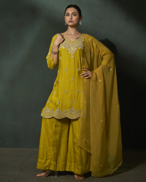 Mustard Noor Mirror Work Kurta Set With Wide-Leg Palazzo &Mustard Chiffon Mirror Work Dupatta