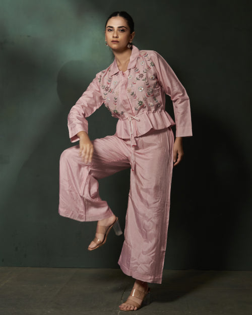 Ivory Blossom Embroidered Jacket With Wide-Leg Satin Trousers