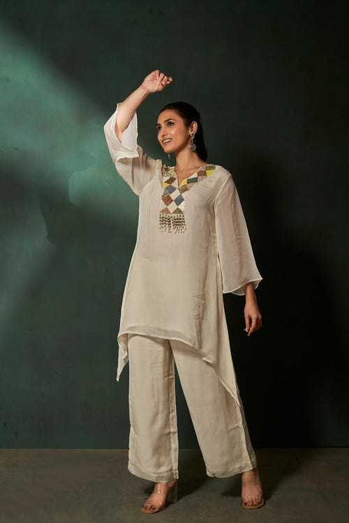 Assymetrical Off-White Kurta Co-ord Set with Straight Pants