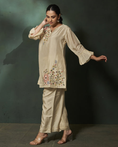 Ivory Blossom Embroidered Russian Silk Co-Ord Set With Straight-Fit Trousers
