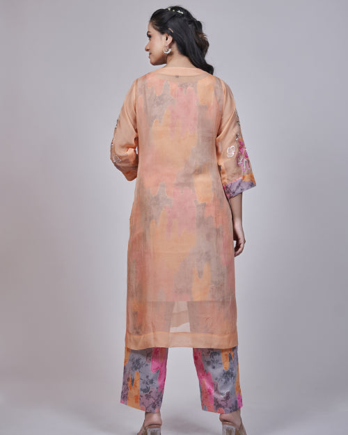 Peach Blossom Embroidered Organza Kurta Set