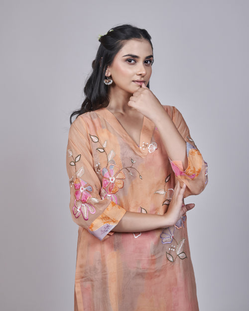 Peach Blossom Embroidered Organza Kurta Set