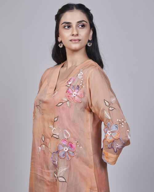 Peach Blossom Embroidered Organza Kurta Set