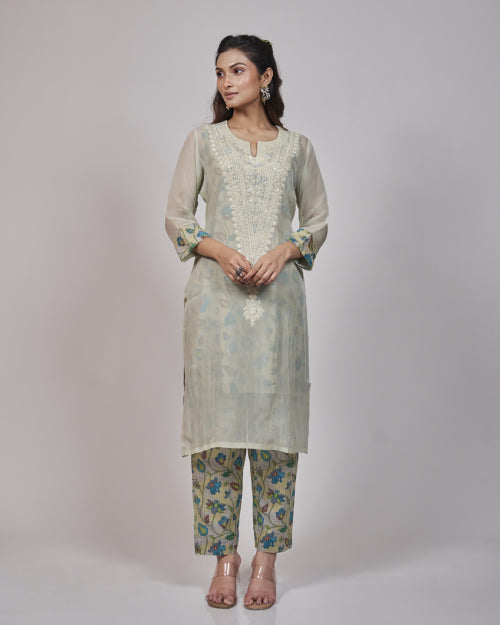 Mint Bloom Organza Layered Kurta Set