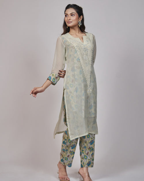 Mint Bloom Organza Layered Kurta Set