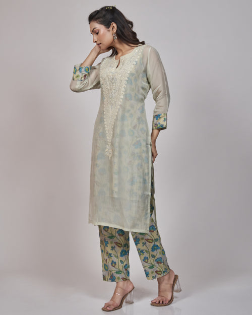 Mint Bloom Organza Layered Kurta Set