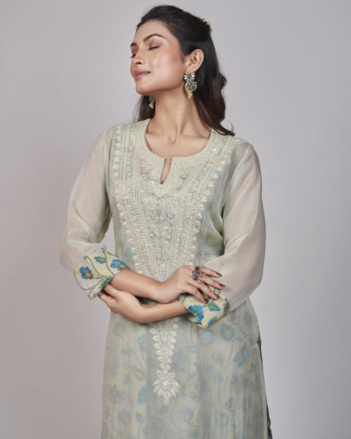 Mint Bloom Organza Layered Kurta Set