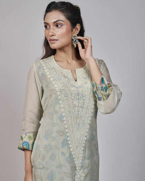 Mint Bloom Organza Layered Kurta Set