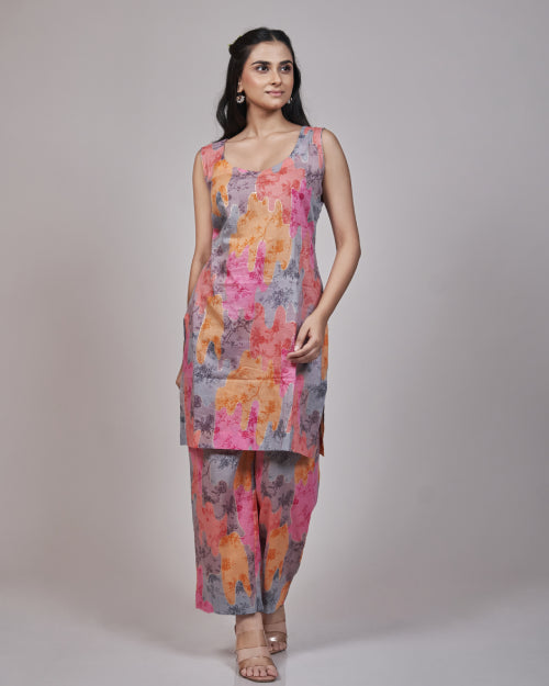 Peach Blossom Embroidered Organza Kurta Set