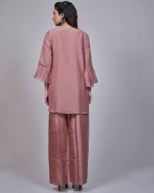 Rose Petal Mul Chanderi Embroidered Co-Ord Set With Wide-Leg Pants