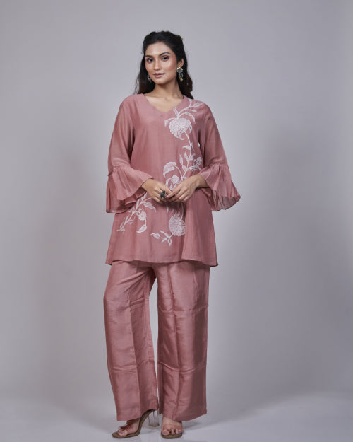 Rose Petal Mul Chanderi Embroidered Co-Ord Set With Wide-Leg Pants