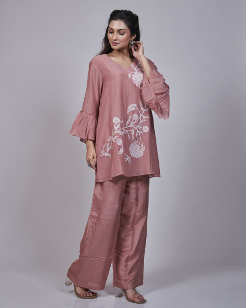 Rose Petal Mul Chanderi Embroidered Co-Ord Set With Wide-Leg Pants