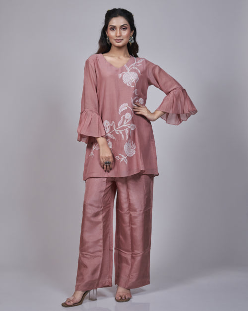 Rose Petal Mul Chanderi Embroidered Co-Ord Set With Wide-Leg Pants