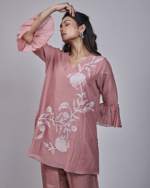 Rose Petal Mul Chanderi Embroidered Co-Ord Set With Wide-Leg Pants