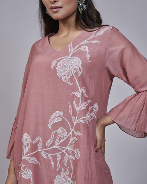 Rose Petal Mul Chanderi Embroidered Co-Ord Set With Wide-Leg Pants