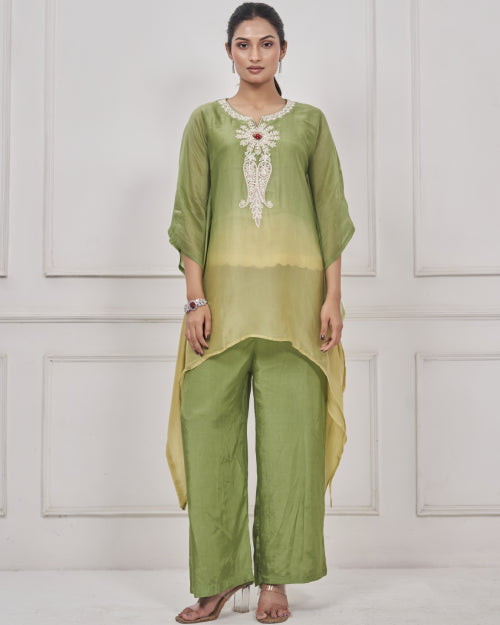 Verdant Glow Ombre Kaftan Co-ord Set with Straight Pants
