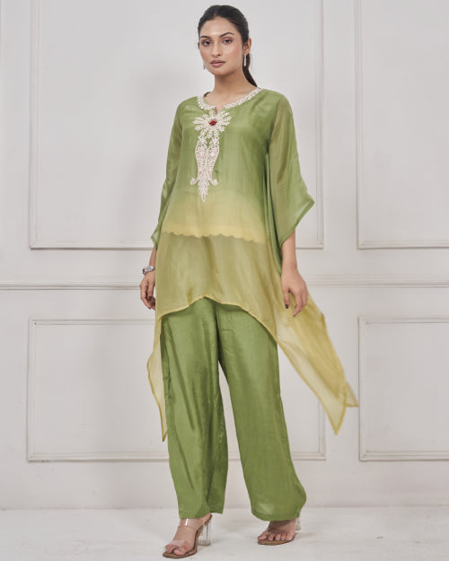 Verdant Glow Ombre Kaftan Co-ord Set with Straight Pants
