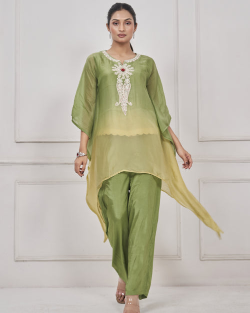 Verdant Glow Ombre Kaftan Co-ord Set with Straight Pants