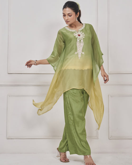 Verdant Glow Ombre Kaftan Co-ord Set with Straight Pants