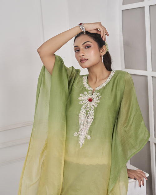 Verdant Glow Ombre Kaftan Co-ord Set with Straight Pants