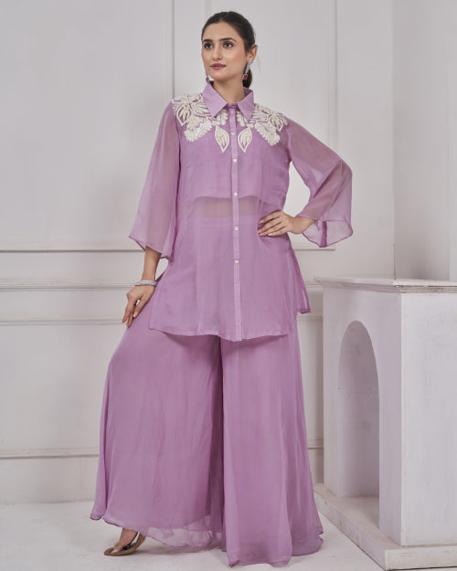 Lilac Bloom Embroidered Organza Co-Ord Set with Wide-Leg Palazzo Pants