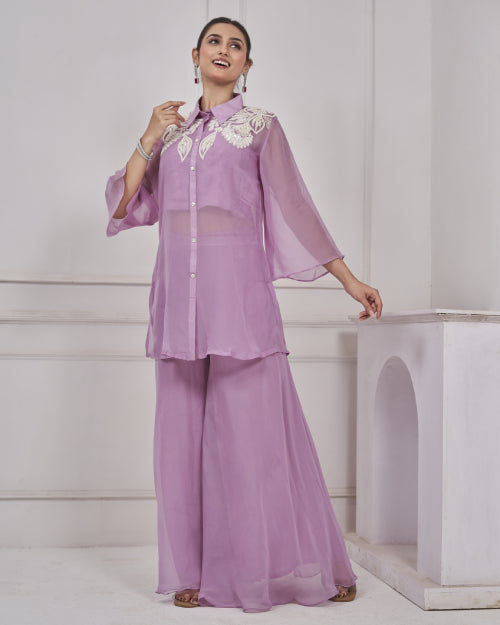 Lilac Bloom Embroidered Organza Co-Ord Set with Wide-Leg Palazzo Pants