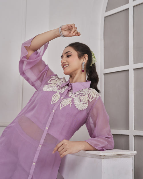 Lilac Bloom Embroidered Organza Co-Ord Set with Wide-Leg Palazzo Pants