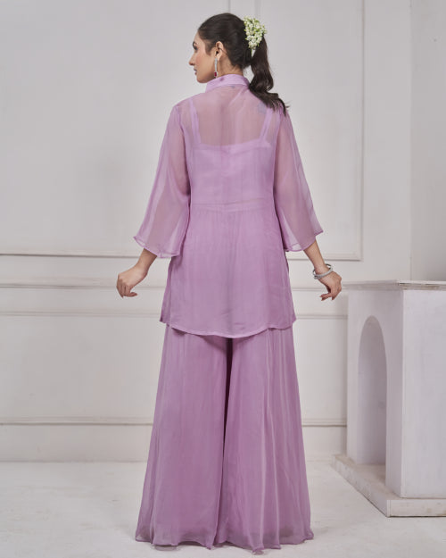 Lilac Bloom Embroidered Organza Co-Ord Set with Wide-Leg Palazzo Pants