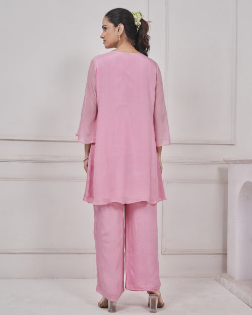 Blush Petal Embellished Organza Co-Ord Set with Wide-Leg Palazzo Pants
