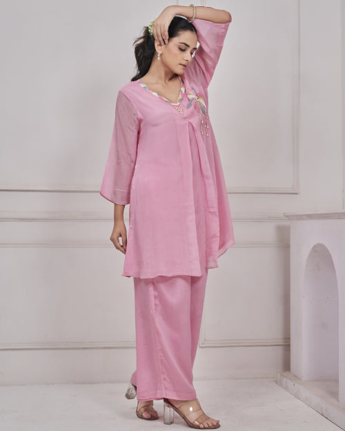 Blush Petal Embellished Organza Co-Ord Set with Wide-Leg Palazzo Pants