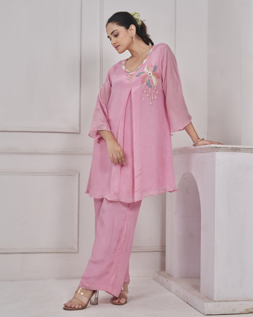 Blush Petal Embellished Organza Co-Ord Set with Wide-Leg Palazzo Pants