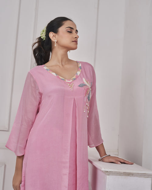 Blush Petal Embellished Organza Co-Ord Set with Wide-Leg Palazzo Pants