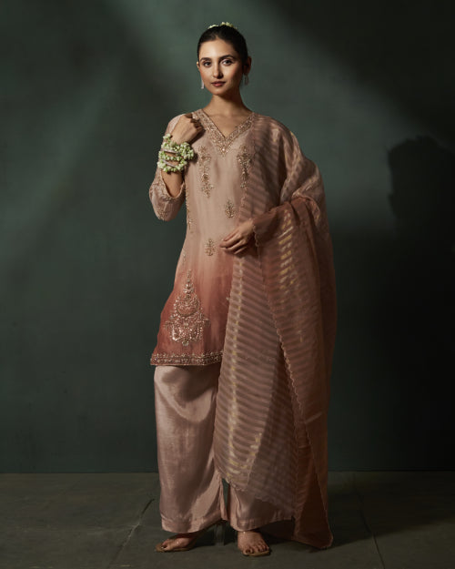 Rose Gold Aura Embellished Kurta Set With Wide-Leg Palazzo & Rose Gold Striped Organza Dupatta