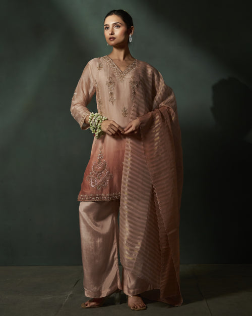 Rose Gold Aura Embellished Kurta Set With Wide-Leg Palazzo & Rose Gold Striped Organza Dupatta