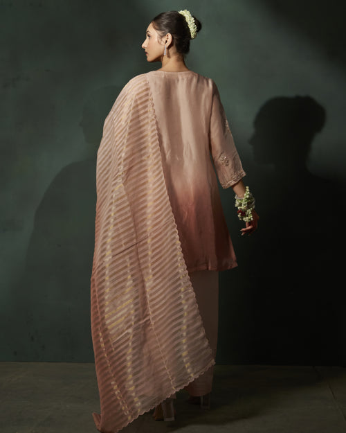 Rose Gold Aura Embellished Kurta Set With Wide-Leg Palazzo & Rose Gold Striped Organza Dupatta