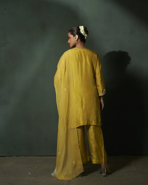 Mustard Zaria Mirror Work Kurta Set With Straight-Fit Pants  & Ivory Chiffon Mirror Work Dupatta Dupatta Set