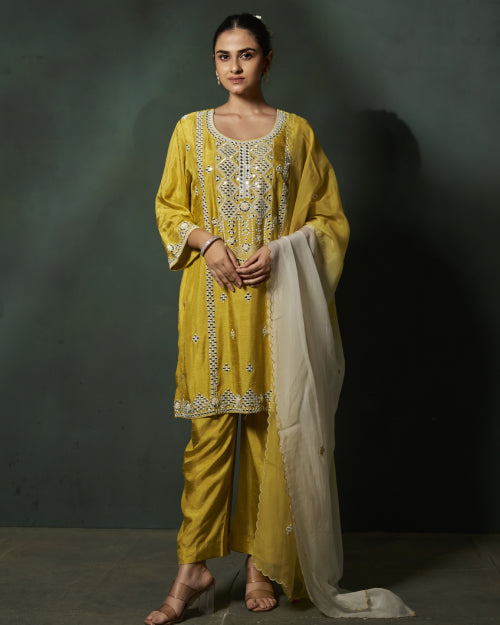 Mustard Zaria Mirror Work Kurta Set With Straight-Fit Pants  & Ivory Chiffon Mirror Work Dupatta Dupatta Set