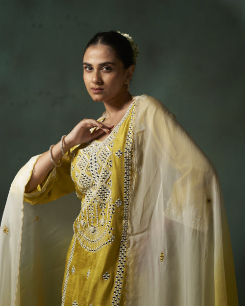 Mustard Zaria Mirror Work Kurta Set With Straight-Fit Pants  & Ivory Chiffon Mirror Work Dupatta Dupatta Set