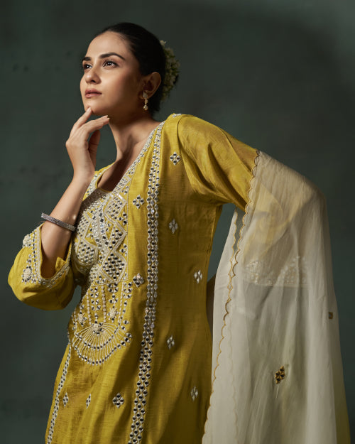 Mustard Zaria Mirror Work Kurta Set With Straight-Fit Pants  & Ivory Chiffon Mirror Work Dupatta Dupatta Set