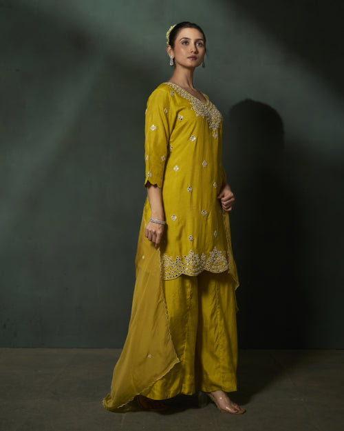 Mustard Noor Mirror Work Kurta Set With Wide-Leg Palazzo &Mustard Chiffon Mirror Work Dupatta