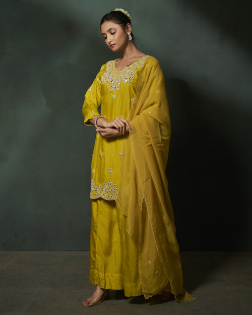 Mustard Noor Mirror Work Kurta Set With Wide-Leg Palazzo &Mustard Chiffon Mirror Work Dupatta