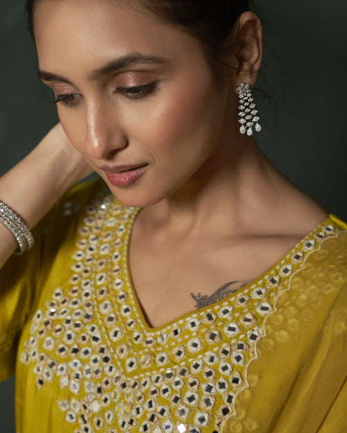 Mustard Noor Mirror Work Kurta Set With Wide-Leg Palazzo &Mustard Chiffon Mirror Work Dupatta