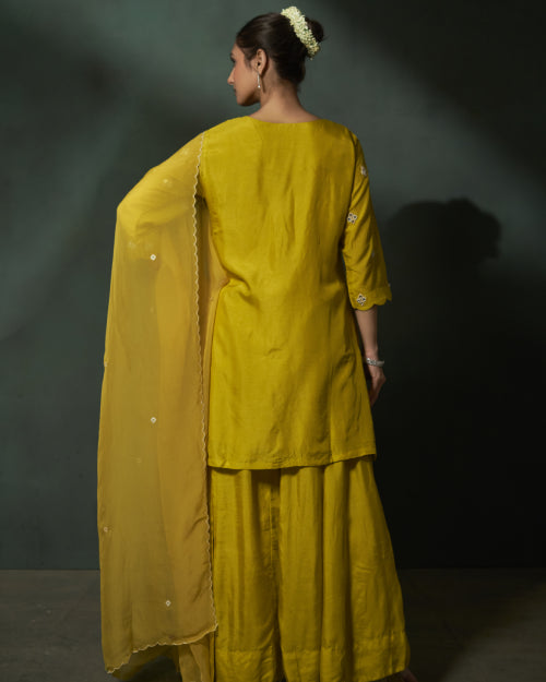 Mustard Noor Mirror Work Kurta Set With Wide-Leg Palazzo &Mustard Chiffon Mirror Work Dupatta