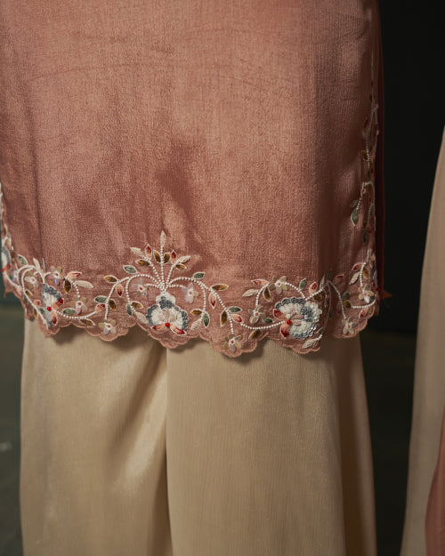 Rose Gold Aura Embellished Kurta Set With Wide-Leg Palazzo & Rose Gold Striped Organza Dupatta