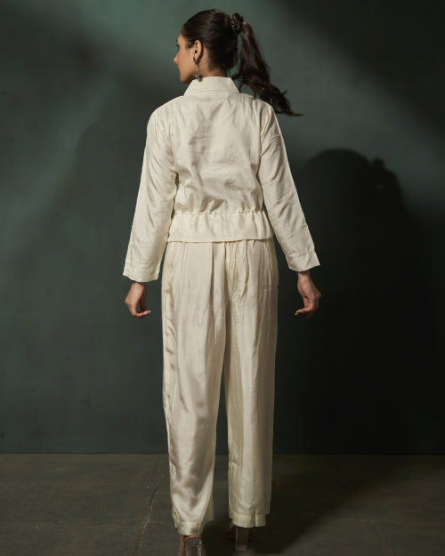 Ivory Blossom Embroidered Jacket With Wide-Leg Satin Trousers